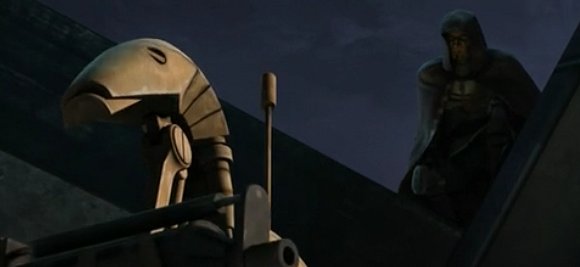 Saw Gerrera antes de saltar sobre un androide de batalla