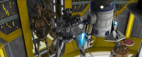 R2-D2 vuela hacia la tarjeta cuando Kalani entra en la sala