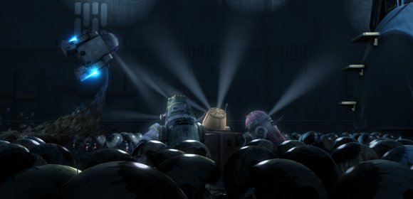 R2-D2 vuela y lanza acite mientras los zumbadores los rodean