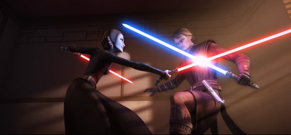 Anakin lucha con Barriss Offee que emplea los sables de luz robados a Ventress