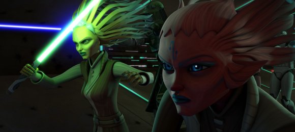 La Maestras Jedi y hermanas Tiplee y Tiplar luchando en la estación espacial de Ringo Vinda