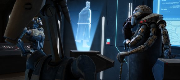 El Almirante Trench contacta con Dooku en presencia del droide táctico Kraken