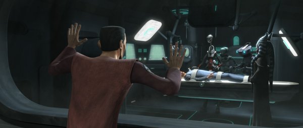 Fives observa como Nala Se y AZI-3 realizan pruebas a Tup en presencia de Shaak Ti