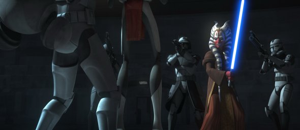 Shaak Ti y la guardia amenazan a Fives que hace lo propio con Nala Se