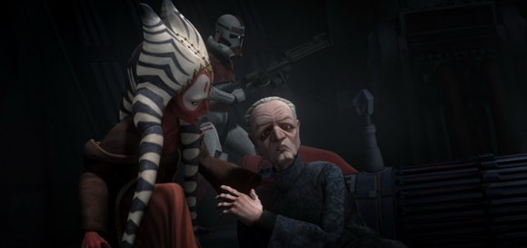 Shaak Ti comprueba que el Canciller Palpatine está bien
