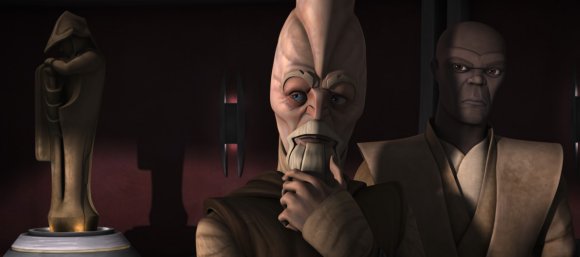 Ki-Adi-Mundi y Mace Windu asisten a la reunión en el despacho del Canciller