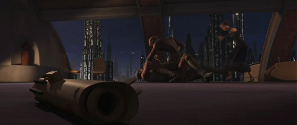 Amidala trata de parar a Anakin que, loco de celos, machaca a Clovis