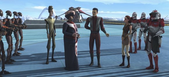 Amidala y Clovis son recibidos por el representante muun y por Bec Lawise