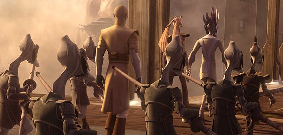 Jar-Jar y Mace Windu son escoltados por la guardia Bardotta hasta el Cosjeo Bahk-tov