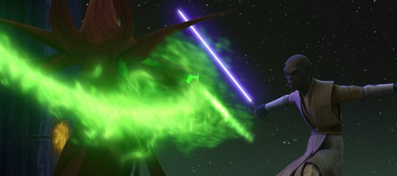 Mace Windu se enfrenta con la Madre Talzin que usa un sable de energía magia verde