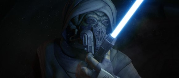 Plo Koon con el sable de luz del maestro Sifo-Dyas encontado en Oba Diah