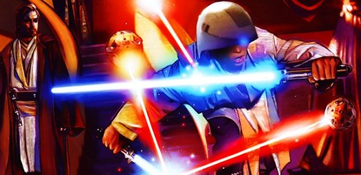 Obi-Wan Kenobi observa como Anakin se entrena con unos remotos