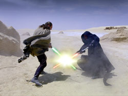 Qui-Gon se enfrenta contra Maul en Tatooine
