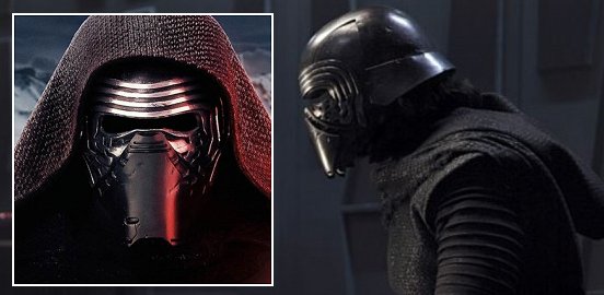 El casco de Kylo Ren de frente y con capucha de lado y sin ella